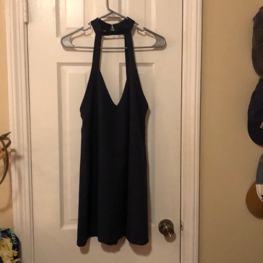 Navy open back, deep v dress